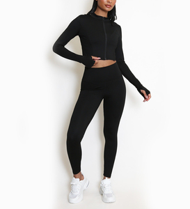 Vente en gros Ensemble d'entraînement 2 pièces pour femmes Veste de sport courte à fermeture éclair avec leggings taille haute pour la salle de sport, le yoga et le fitness - Product Image 4