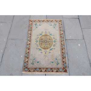 Turkish Vintage Small Rug 1.9x3.1 ft, <b>Brown</b> Blue Striped <b>Wool</b> Rug - Product Image 1