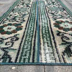 Tapis vintage 1,6 x 3,1 pieds, tapis turc, tapis en laine Ikat vert - Product Image 5