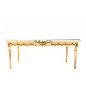 Mesa de Centro Rectangular Blanca de Lujo con Tapa de Cristal, Arte Floral Pintado a Mano y Detalles en Latón Dorado para Interiores Clásicos - Product Image 2