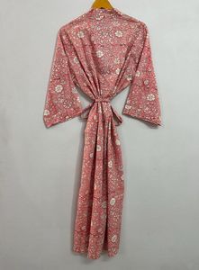 Kimono con estampado de bloques florales de talla libre, bata Jaipuri de algodón hecha a mano, cómoda, Maxi, informal, para playa, hasta el suelo - Product Image 6
