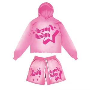 Conjunto de Sudadera con capucha y pantalones cortos lavados con ácido personalizados para hombre, nueva llegada, sudadera recortada y chándal para correr - Product Image 4