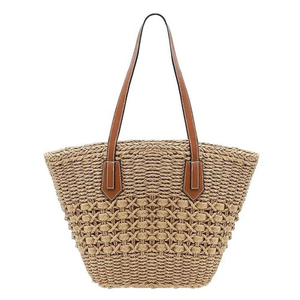 Bolso de playa de verano hecho a mano para mujer, asas de cuero de ratán tejido de Vietnam, cierre de cremallera, lazo de perlas, cadena de flores de algodón, pluma - Product Image 6