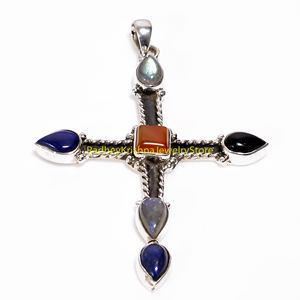 Pendentif croix en argent sterling 925 fait main avec pierres précieuses multiples |   Bijoux en labradorite, lapis-lazuli, onyx noir et cornaline - Product Image 1