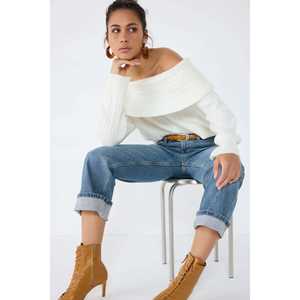 Suéter de punto acrílico 100% Mega Merchant con cuello barco para mujer, con lazo, informal, transpirable, duradero, de manga larga, tejido a crochet, holgado, para otoño. - Product Image 3