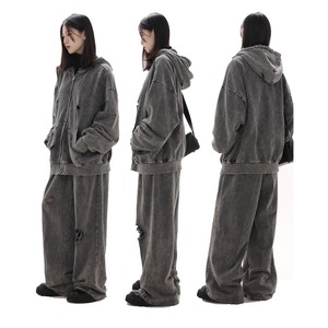 Sudadera con capucha y pantalones de chándal con cremallera holgada desgastada lavada con ácido GSM de moda 500, conjunto de 2 uds, chándal apilado acampanado Vintage con logotipo personalizado - Product Image 4