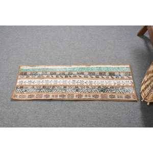 1.1x3.1 ft Vintage Turkish <b>Wool</b> Rug Eco Friendly <b>Brown</b> Patchwork with Latex Backing Traditional Home Dining Room Rug - Product Image 4