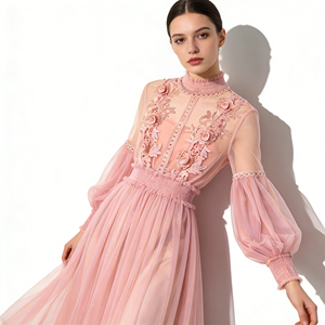 2026 Customizable Lavender Mesh Pink Dress with Floral Lace Elegant High Neck Long Sleeve Cocktail <b>Party</b> Dress for Women - Product Image 1