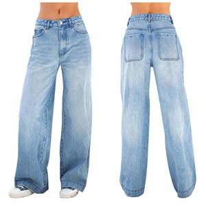 Jeans décontractés pour femmes de grande taille Logo personnalisé de haute qualité 100% coton délavé droit ample jambe large taille haute - Product Image 4