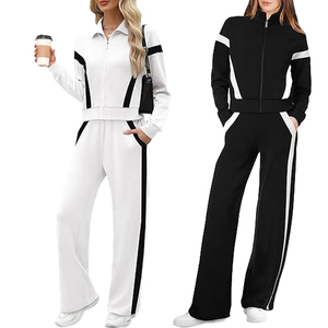 Vêtements de sport décontractés pour femmes, tenues d'été, logo personnalisé, pantalon large à jambes larges en coton 100%, ensemble 2 pièces, veste à fermeture éclair - Product Image 3