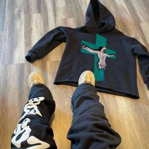 Ensemble de survêtement imprimé bouffant personnalisé de haute qualité Sweat à capuche imprimé DTG avec pantalon de survêtement évasé à bord d'ourlet brut pour le jogging d'hiver - Product Image 2