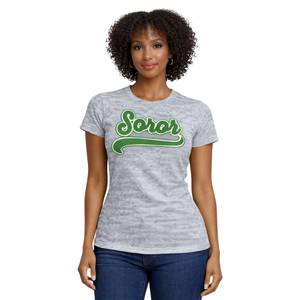 Camiseta Heather Grey 08 Soror, camiseta griega para mujer, camiseta rosa y verde, ropa informal y elegante para uso diario - Product Image 1