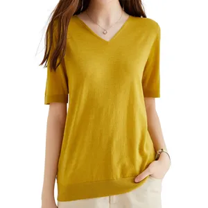 breathable V-neck short sleeve plain dyed 100% cotton women t-shirt casual t-shirt summer winter wear elegant pullover