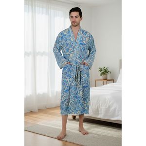 Kimono de Seda Suave con Estampado Floral Persa para Hombre, Estilo Boho Chic, en Tonos Beige y Azul, con Piel Sintética, para Casa de Playa, Talla Regal - Product Image 1
