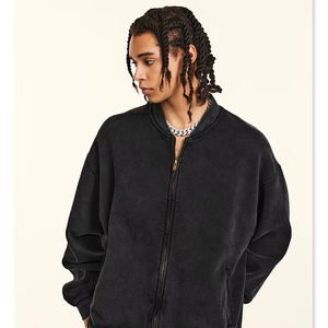 Cárdigan negro Vintage Streetwear Plus Fleece Washed Zipper Loose Button ODM Plain Dyed Hoodies para hombres DDP Shipping - Product Image 1