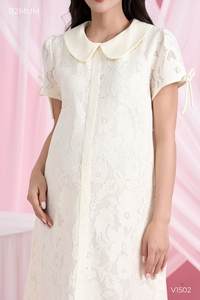 Vestido de Maternidad B2 MUM V1502 con Encaje, Cuello Peter Pan Floral, Mangas con Lazos, Detalle de Lazo, Ecológico, Transpirable, Espalda de 2 Capas - Product Image 4