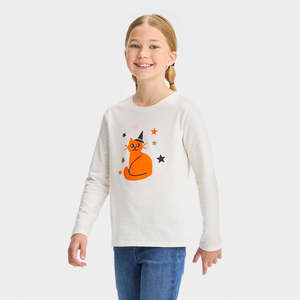 Maglietta a maniche lunghe con stampa di Halloween per ragazze Cat & Jack, colore crema, taglia S, in morbido cotone jersey, stile western, per primavera e autunno - Product Image 1