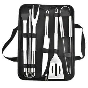 Kit alat peralatan barbekyu, Set peralatan BBQ Stainless Steel, alat panggang aksesori barbekyu profesional dengan tas