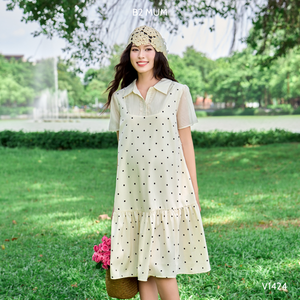 V1424 vestido de maternidad de verano cola de pez lunares suave fresco Spandex tela absorbente de sudor bolsillos laterales botones elásticos ajustables - Product Image 4