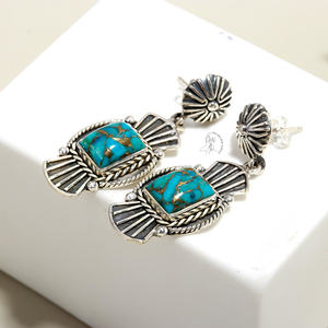 ต่างหูพลอยเทอร์ควอยซ์ทรงสี่เหลี่ยมผืนผ้าสไตล์วินเทจสไตล์โบฮีเมียนย้อนยุคสไตล์ตะวันตกเรขาคณิต - Product Image 3