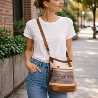 Sac bandoulière vintage bohème en toile et cuir tissé à la main pour femme, avec chaînes, rivets et fermeture éclair, sangle unique