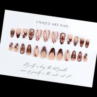 Faux ongles à presser French Tips, forme amande moyenne, motif floral 5D, finition brillante marron, à coller, vente en gros