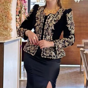 À la mode noir Satin parole longueur robe brodé cristal perles de verre perle travail 2024 fête-porter/mariage veste en lin soie - Product Image 1