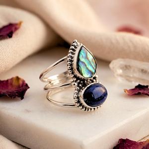 Abalone and <b>Lapis</b> <b>Lazuli</b> <b>Ring</b>, 925 Sterling Silver Vertical Gemstone - Product Image 4