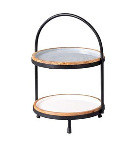 Top Trending Acacia Wood and Metal 2 Tier <b>Cake</b> Stand With Printed Enamel Top Decorative <b>Cake</b> <b>Server</b> Stand For Wedding Party Use - Product Image 1