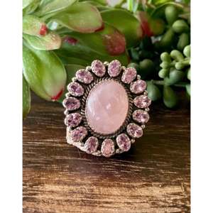 Southwest Handmade Rose Quartz & Tourmaline Sterling <b>Silver</b> Oval Cluster <b>Ring</b> <b>Adjustable</b> Size 8 - Product Image 1