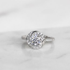 Round Cut Moissanite Floral Shape <b>Sterling</b> <b>Silver</b> Prong <b>Set</b> Engagement <b>Ring</b> for Women - Product Image 1