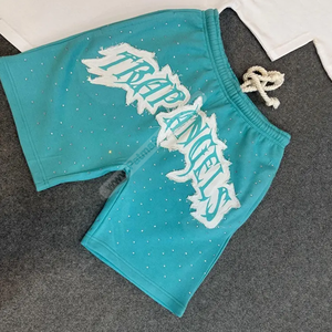 Vente en gros de short de survêtement turquoise personnalisé Short de survêtement avec logo professionnel en strass Short de survêtement avec strass imprimé personnalisé à vendre - Product Image 3