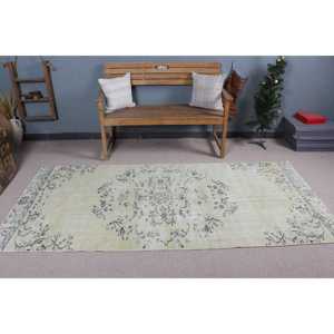 Turkish Vintage Rug 3.7x8.2 ft, <b>Yellow</b> Area Floral <b>Wool</b> Rug - Product Image 2