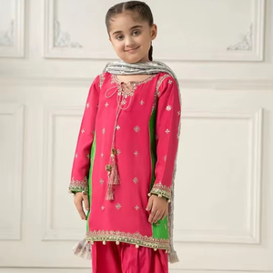 ชุดเลเฮนกาโชลีเด็กผู้หญิงแบบเป็นทางการ ปักลายอะคริลิก แขนเสื้อแฟนซี พร้อมผ้าคลุมไหล่ตาข่าย สำหรับงานอีดและงานพิเศษ - Product Image 1