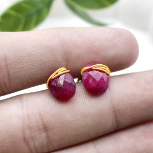 Boucles d'oreilles ovales en rubis faites à la main, enroulées autour de fils, 8-10 mm, en laiton et argent, bijoux en pierres précieuses, cadeau - Product Image 5
