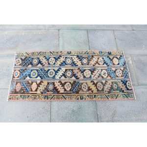 Alfombra Turca Pequeña de 1.4x3.2 pies, Alfombra Vintage Azul Ombré - Product Image 4