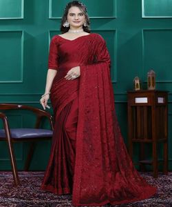 Saree Banarasi de seda pura para boda y fiesta con hermoso trabajo bordado y blusa de seda para fiesta - Product Image 4