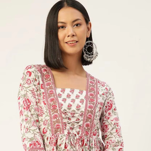 Indian Cotton Womens Kurti White & Pink Floral Kurti <b>Top</b> Hand Block Print Womens Short Cotton Printed <b>Top</b> - Product Image 1