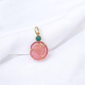 15mm turmalina rosa cuarzo rosa tallado chapado en oro 925 Juego de puntas de plata colgante hecho a mano turmalina plata encantos regalo para ella - Product Image 1