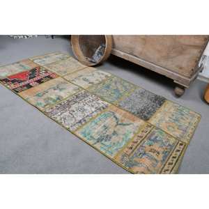 Alfombra Vintage de lana turca Beige de 2,3x4,6 pies, hecha a mano, clásica, área grande, patrón de retazos abstracto, látex para decoración de habitación de pasillo - Product Image 5