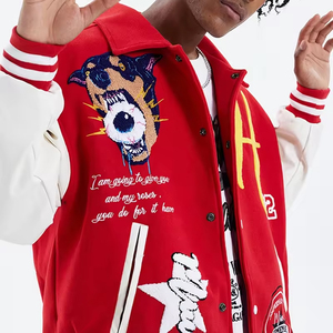 Custom Chenille Patch Embroidery Stand Lettermen Bomber Baseball Varsity <b>Jacket</b> Red <b>White</b> Windproof Breathable for <b>Men</b> - Product Image 4