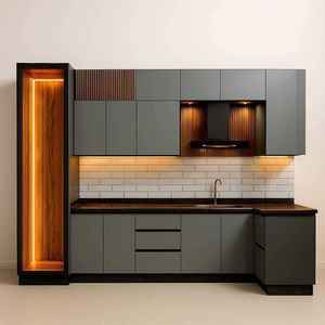 Modern Grey Modular Kitchen With Wooden Accent Panel LED <b>Lighting</b> And <b>Smart</b> Storage Design For Contemporary <b>Homes</b> - Product Image 6