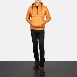 2025 Premium Quality Men's Hooded Leather <b>Jacket</b> High Street Style Front Customized Logo Breathable Sustainable Windproof <b>Yellow</b> - Product Image 2