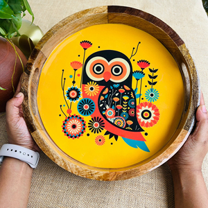 High Quality Designer Wooden <b>Tray</b> with Flowers Printed Handle for Serving Snacks Drinks Food Manufactured and Supplied by HHO - Product Image 4