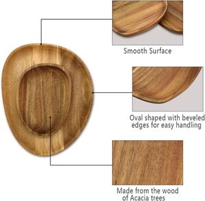 Assiettes à dîner en bois d'acacia Ensembles de 5 plateaux en bois Nettoyage facile et léger pour les collations Desserts Salades de fruits Ovale incassable - Product Image 4