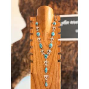 Collier Lariat en Turquoise de Kingman et Argent Sterling Fabriqué par les Navajo, Ensemble de Bijoux Culturels de Collection de Haute Qualité - Product Image 1