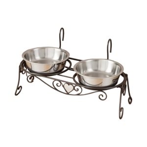 Rustic Bronze Double Pet <b>Bowl</b> Stand with Heart Detail Elevated Iron Frame, Safe Removable Stainless <b>Steel</b> <b>Bowls</b>, Elegant Feeder - Product Image 1