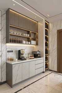 Cuisine modulaire grise moderne avec panneaux d'accent en bois, éclairage LED et design de rangement intelligent pour les maisons contemporaines - Product Image 2