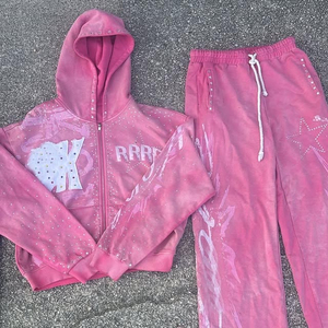 2025 tendencia creador a medida Rhinestone Baggy Zip cierre Streetwear chándal lujoso edredón pantalones de chándal acampanados Sudadera con capucha - Product Image 1
