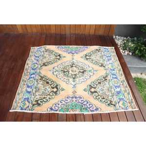 Tapis turc 3,7 x 4,6 pieds, tapis persan vintage en laine bleue - Product Image 1